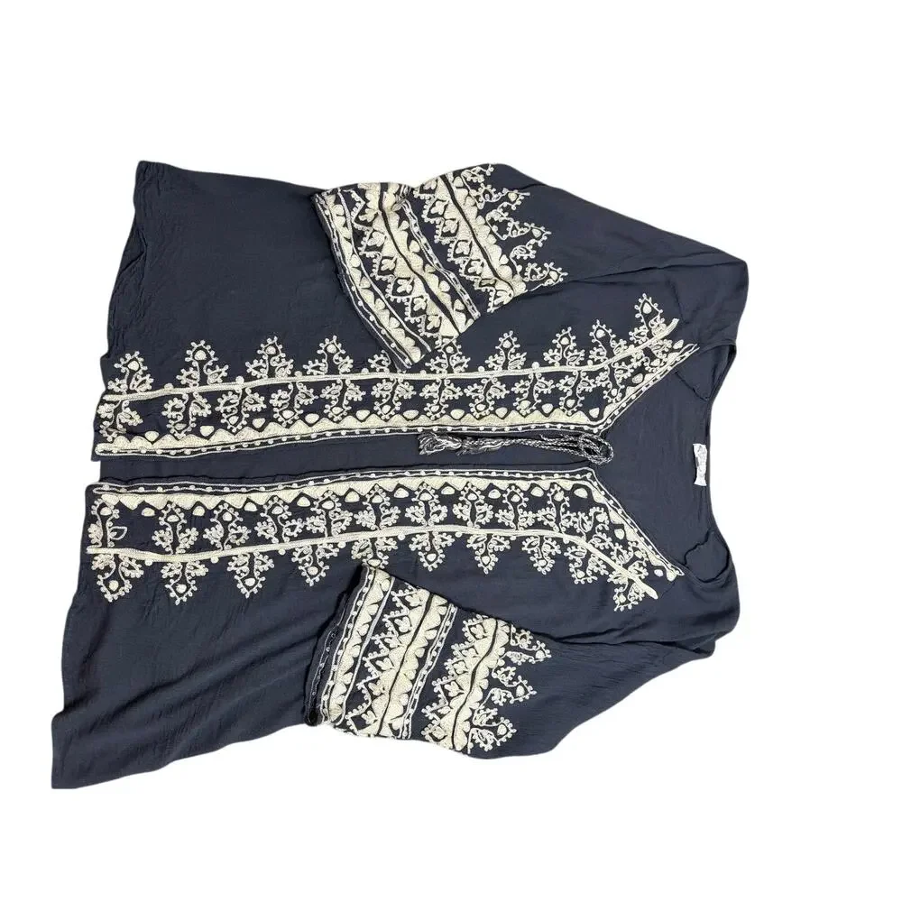 Embroidered Navy Open-Front Women's Swim Coverup Kimono - Picture 4 of 10